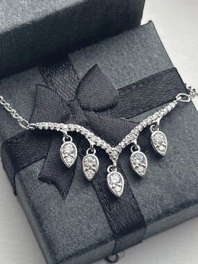 White Gold Plated CZ Teardrop Fringe Necklace Elegant Bridal Statement Necklace